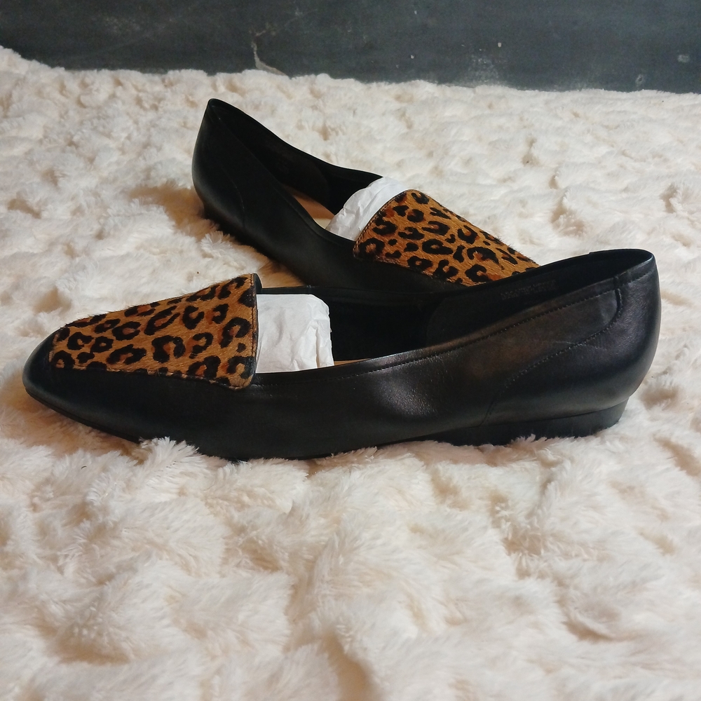 Enzo Angiolini "Rich" Womens Black Leather Slip On Flats Leopard Fur Toe Sz 11 M - Picture 5 of 10